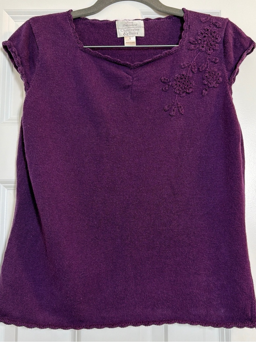 Christopher & Banks Deep Purple Knit Top with Floral Detail Cotton/Ramie